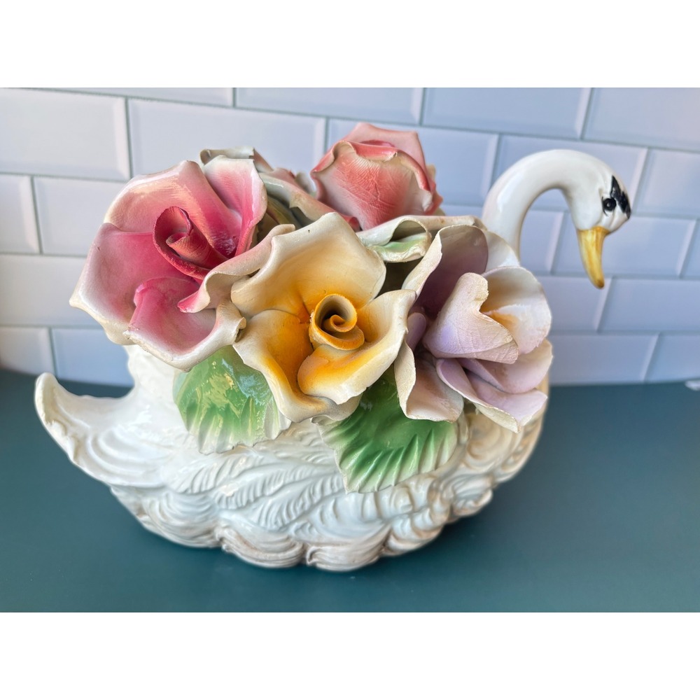 Vintage Capodimonte Porcelain Swan Figurine with Multi-Color Roses 7in